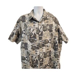 Vintage 80s RJC Hawaiian Gray Blue Short Sleeve Aloha Shirt 2XL Turtle Fish